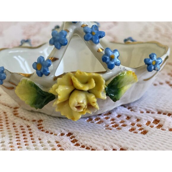 Antique 2 Porcelain Rose & Forget Me Nots Trinket Basket Elfinware Floral German - Picture 12 of 15
